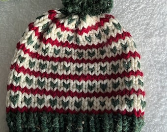 Chunky Knit Fair Isle Heart Hat // Slouchy Pom Wool Beanie // Ribbed Knitted Heart Slouch Hat // Women's Hat // Christmas Knit Hat