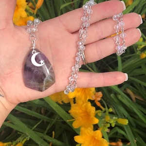 Clear quartz beaded chain necklace // Amethyst pendant necklace // Star Moon Charm // Crystal necklace
