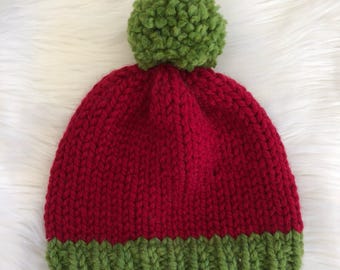 Knit Santa Hat Green Pom Pom Red Christmas Hat Red and Green Knit Hat