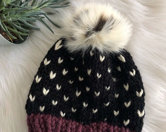 Chunky Knit Faux Fur Pom Pom Hat// Purple Brim Pom-Pom Beanie// Women Teen Knitted Chunky Hat// Warm Winter Beanie // Fluffy Fur Faux Pom