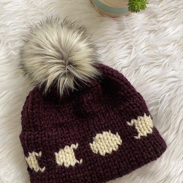 Double Brim Hat / Chunky Yarn Word Hat / Moon Phase / Faux Fur Pom Pom / Brim Knit Beanie