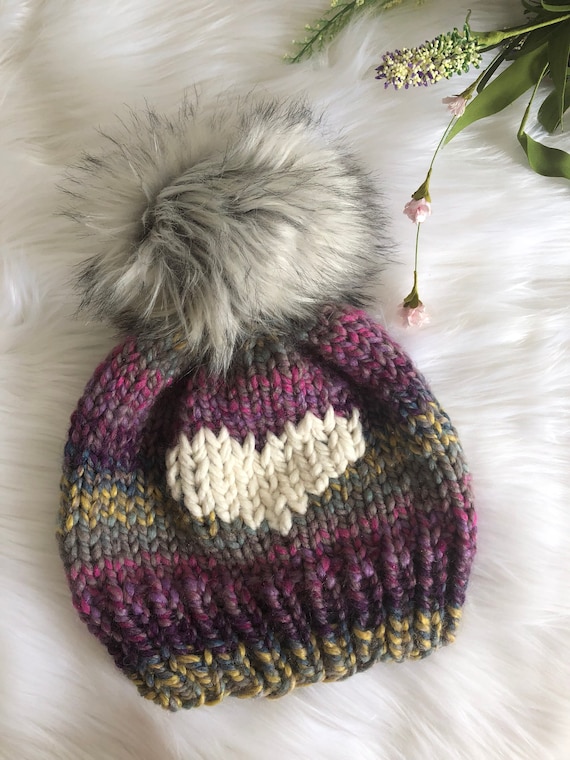 Women\'s Heart Pattern, REAL FUR Pom-Pom Beanie Wild Hearts Beanie // Glacier and Cream - Pick your pom  main image 4