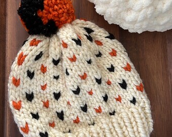 Chunky Knit Fair Isle Heart Hat // Slouchy Pom Wool Beanie // Ribbed Knitted Heart Slouch Hat // Women's Hat // Black // Orange //