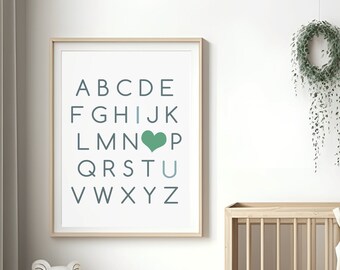 ABC Nursery Art Print, Blue Green Alphabet, Playroom Decor (Digital Download)