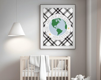 Travel Nursery Print, Globe, Plaid, Adventure Art (Digital Download)