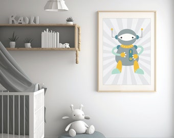 Printable Robot Nursery Wall Art  / INSTANT DOWNLOAD / print your own / teal gray / boy's room decor  / kids art / retro robot theme