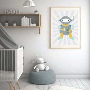 Printable Robot Nursery Wall Art  / INSTANT DOWNLOAD / print your own / teal gray / boy&#39;s room decor  / kids art / retro robot theme