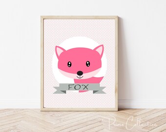 Pink Fox Nursery Art, Woodland Print (Digital Download)
