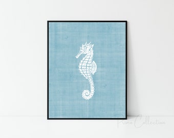 Seahorse Nautical Nursery Art Print, Blue Beach Theme (Digital Download)