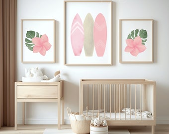 Pink Surfboards Nursery Art, Tropical Flower Print (Digital Download)