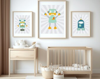 Art rétro robot pour chambre d'enfant, bleu sarcelle gris, décoration pour chambre d'enfants (téléchargement numérique)