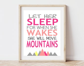 Girl Nursery Art Print, Mountains Typography, Pink and Gray (Digital Download)