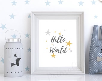 Hello World Nursery Art Print, Gold Stars Decor (Digital Download)