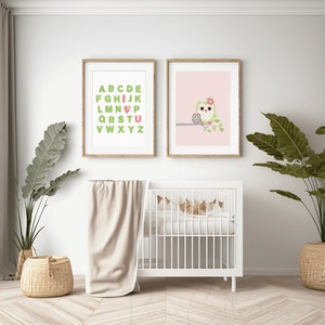 Baby girl Nursery Art, Digital Download, Owl Nursery Wall Art,  ABC I Love You printable, two piece set, pink and lime green nursery artwork