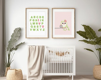 Owl Nursery Art Print, Pink & Green, ABC Printable (Digital Download)