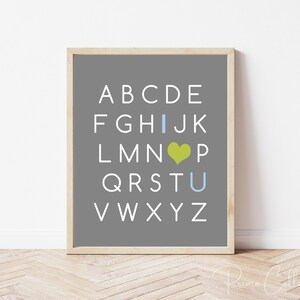 Printable Nursery Art,  instant download, ABC print , abc&#39;s , for baby boy&#39;s room, playroom art, I love you print,  print up to 16x20 inches
