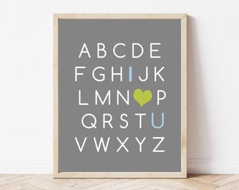 ABC Nursery Art Print, Blue Green Alphabet Poster (Digital Download)