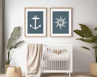 Nautical Nursery Wall Art  print your own, instant download, anchor and compass,  printable 2 piece set, for baby boy, navy blue, coastal