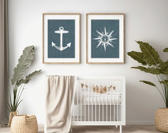 Nautical Baby Boy Nursery Art, Anchor and Compass Prints (Digital Download)