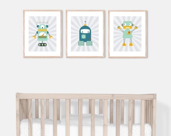 Retro Robot Nursery Art Prints, Teal Blue Gray, Set of 3 (Digital Download)