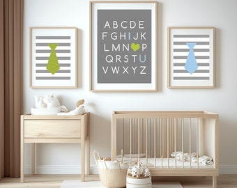 Little Man Nursery Art Prints, ABC Alphabet, Gray Blue Green (Digital Download)