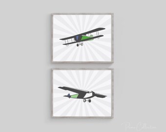 Vintage Airplane Nursery Art Prints, Blue Green Decor (Digital Download)