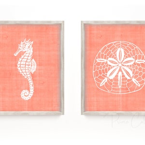 Nautical Wall Art Printable, INSTANT DOWNLOAD, 2 piece set, coral color, seahorse and sand dollar, beach theme nursery art, coastal chic