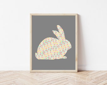 Easter Bunny Nursery Art Print, Pink Mint Gray (Digital Download)