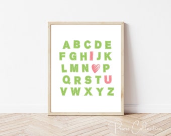 ABC Nursery Art, digital download, instant download,  pink and green nursery decor ,  for baby girl room, abc i love you artwork