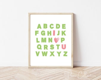 ABC Nursery Art, Pink & Green Alphabet Print (Digital Download)