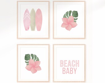 Pink Surfboards Nursery Art Set, Tropical Flowers, Beach Baby (Digital Download)