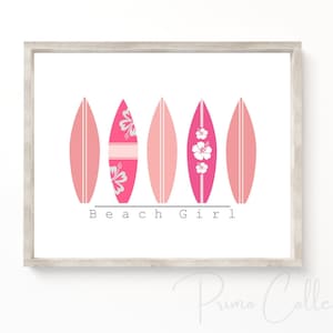 Beach Girl Wall Art Print, surfboards print, wall art, pink, girl&#39;s bedroom decor, surf theme nursery decor, baby room, beach nursery print