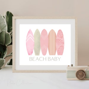 Beach Baby Wall Art Print, surfboards print, wall art, pink, Coastal artwork, surf theme nursery decor, baby room, beach nursery print