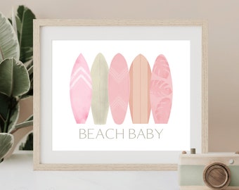 Pink Surfboards Beach Baby Print, Coastal Nursery Decor (Digital Download)