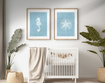 Coastal Chic Nursery Art  print your own, instant download,  printable 2 set, for baby boy, blue,  sea life art, seahorse print, beach decor