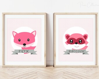 Woodland Animals Nursery Art Print Set, Fox and Raccoon (Digital Download)