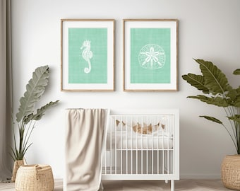 Coastal Nursery Wall Art, décor de pépinière neutre de genre à la menthe, œuvre d'art de pépinière de thème de plage, décor de salle de jeux pour enfant imprimable, sous la mer