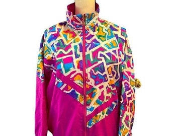 Vintage  windbreaker jacket Fuchsia and Abstract patterns women size Medium