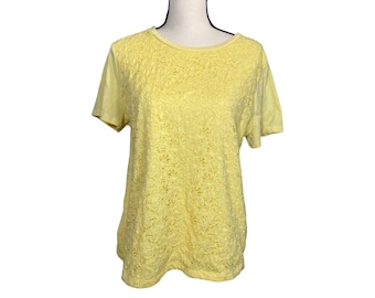 Basic Editions Green yellowFloral Lace Front Crew Neck Short Sleeve Top Size XL