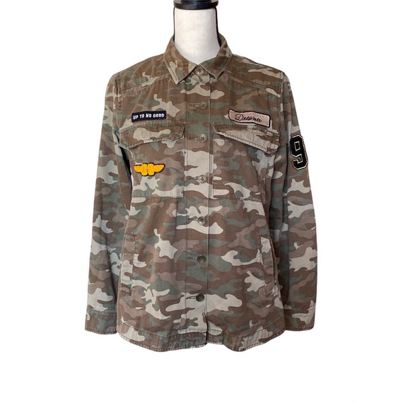 Camouflage Embroidered Embellish Button up Military Jacket Women
