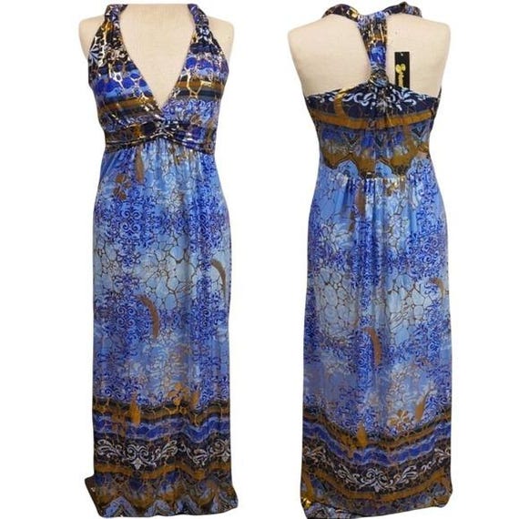 Maxi Dress Halter Blue Brown Floral Sleeveless Evening Party Cocktail S/M