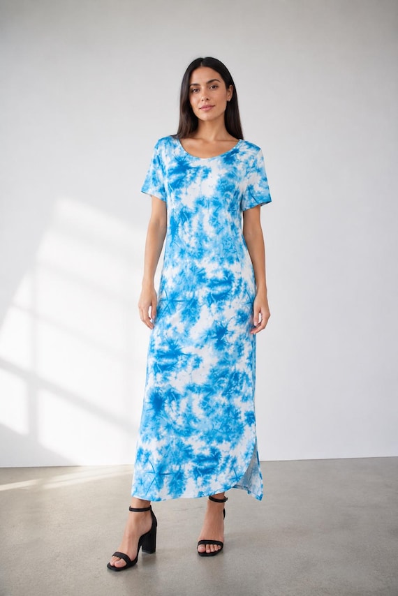 blue and white tie dye maxi dress Short Sleeve Casual Summer Beach Comfort Dress Shoes for