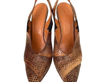Breite Femme Schlange Leder Slingback Heels Made in Italien wies Spitze 38,5