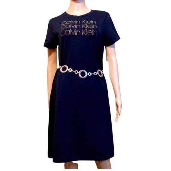Calvin Klein Rhinestone Logo Short Sleeve T-Shirt Dress - Black - M