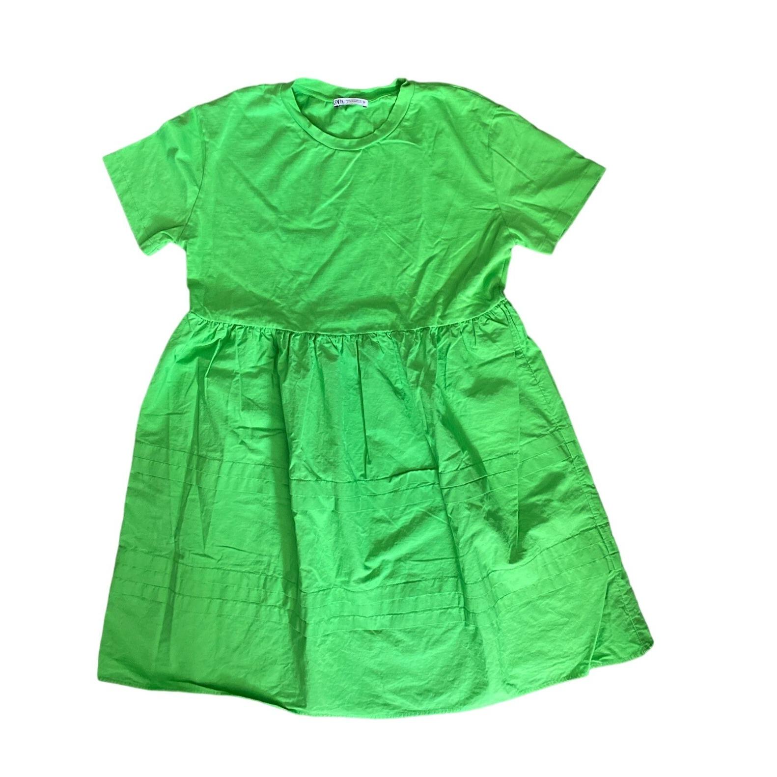 Zara Green Mini Dress Short Sleeve Tiered Babydoll Summer Casual Large