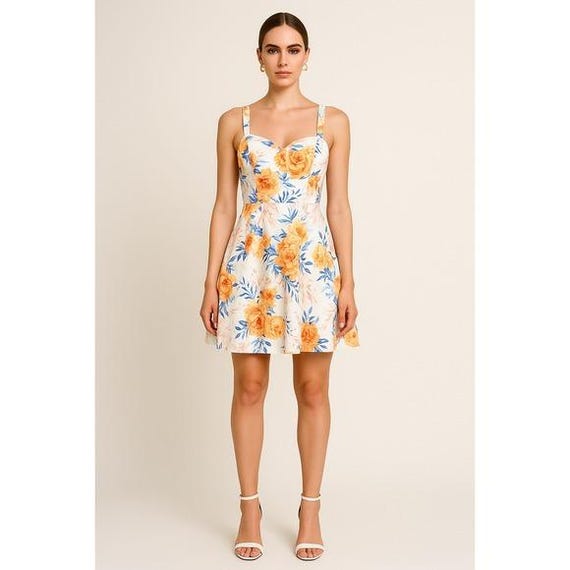 Bailey Blue Floral Print Sweetheart Neck Fit Flare Dress Orange Blue White XL