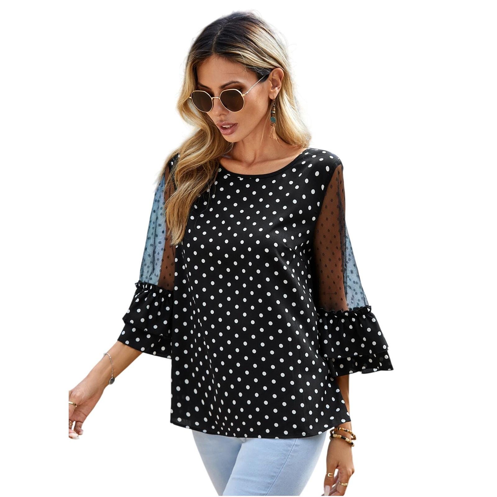 Emery Rose Polka Dot Mesh Sleeve Ruffle Blouse Top Black White