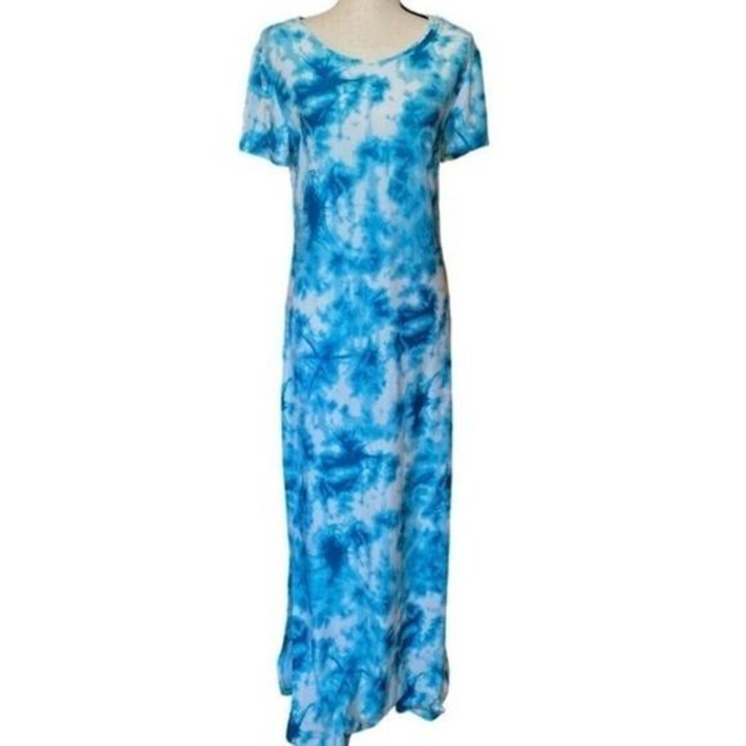 Blue White Tie Dye Maxi Dress Short Sleeve Casual Summer Beach