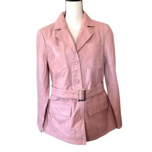 Genuine leather button up pink jacket with belt women size Small