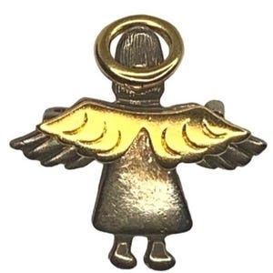 May include: A small angel pin with a gold halo and wings. The angel's body is silver-toned, and the wings are gold. The pin is a decorative accessory, likely for clothing or bags.